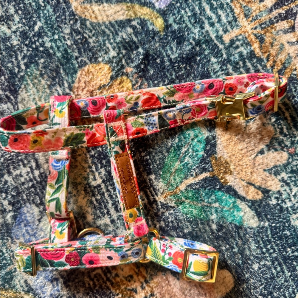 The Foggy Dog x Rifle Paper Co Floral Dog Harness with Gold Buckles XS